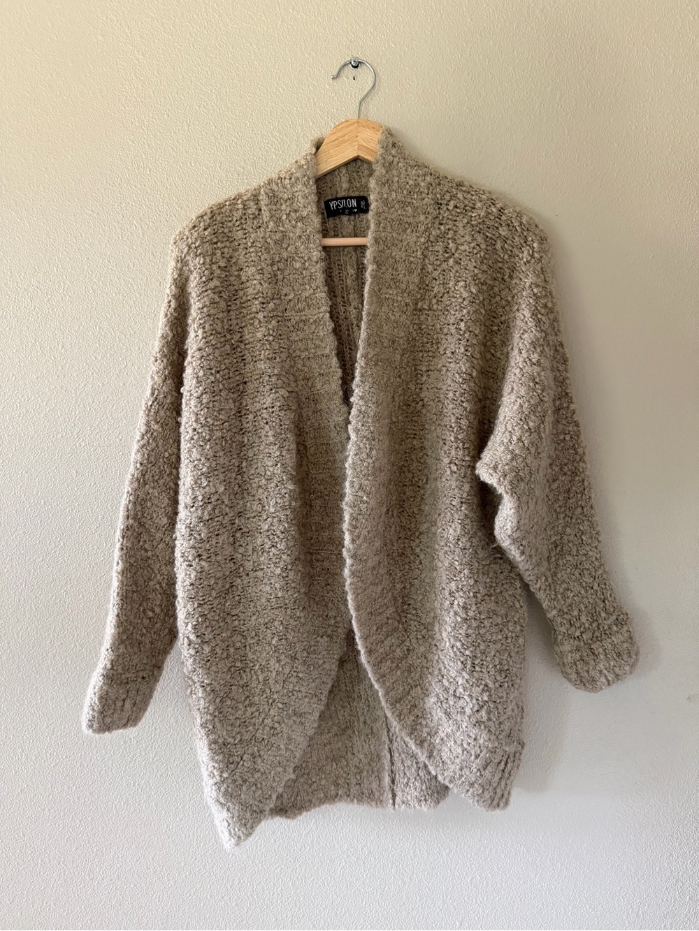 Ypsilon Cozy Mohair Wool Blend Tan Open Front Chunky Knit Cardigan Sweater S